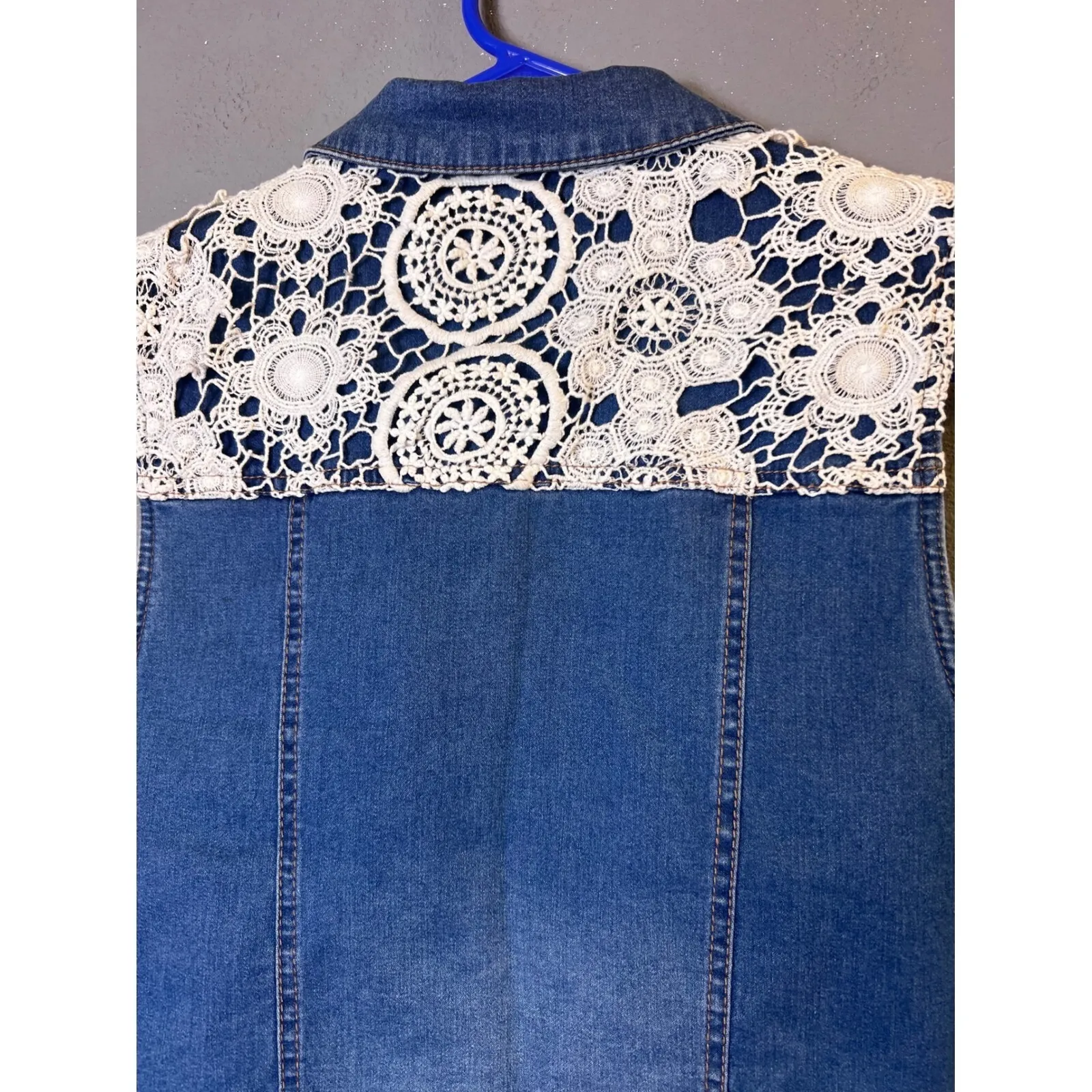 CP Jeans Denim Vest Crochet Lace Western Sleeveless Jean Vest Blue Large Y2K‎ 90 - Image 4