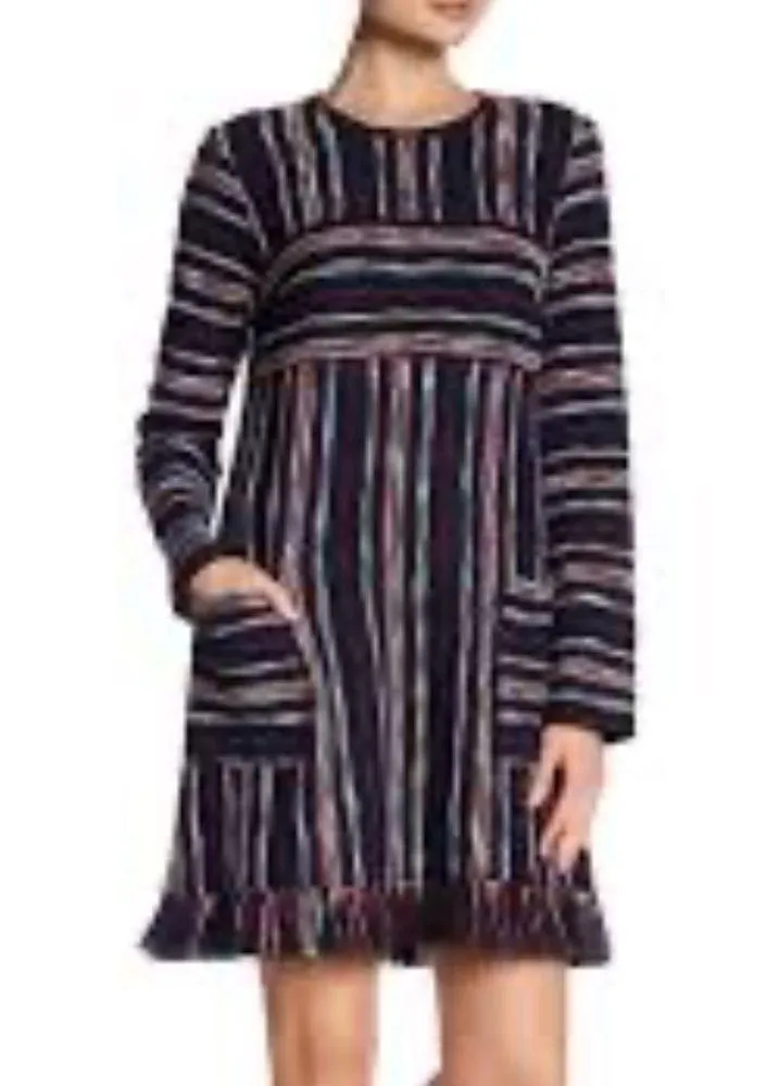 BCBG Kathy Navy Red White Striped Mini Dress Med Boucle Fringe Pockets Textured - Image 7