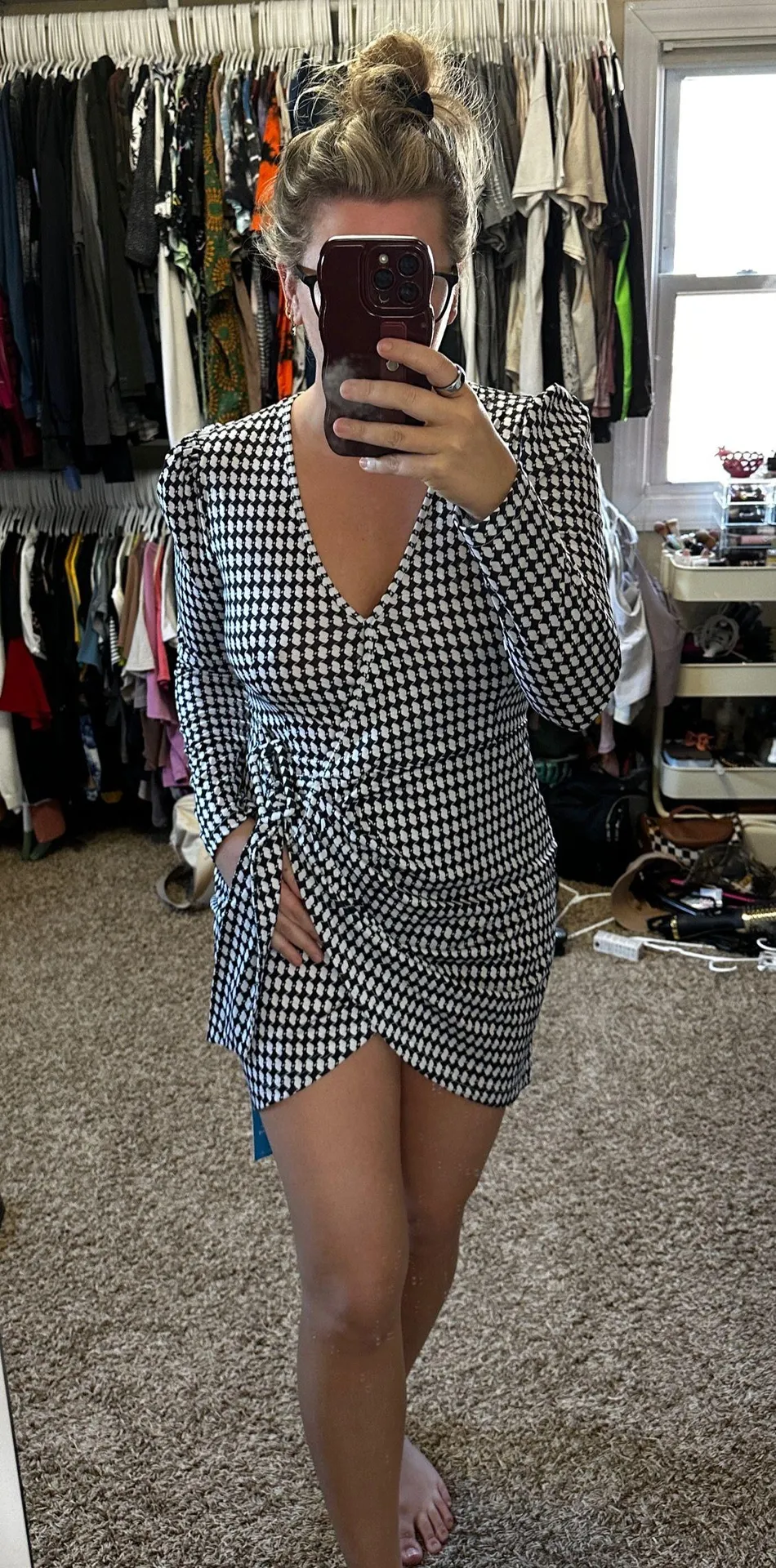 CUPSHE black & white geo puff shoulder long sleeve wrap dress - Image 2