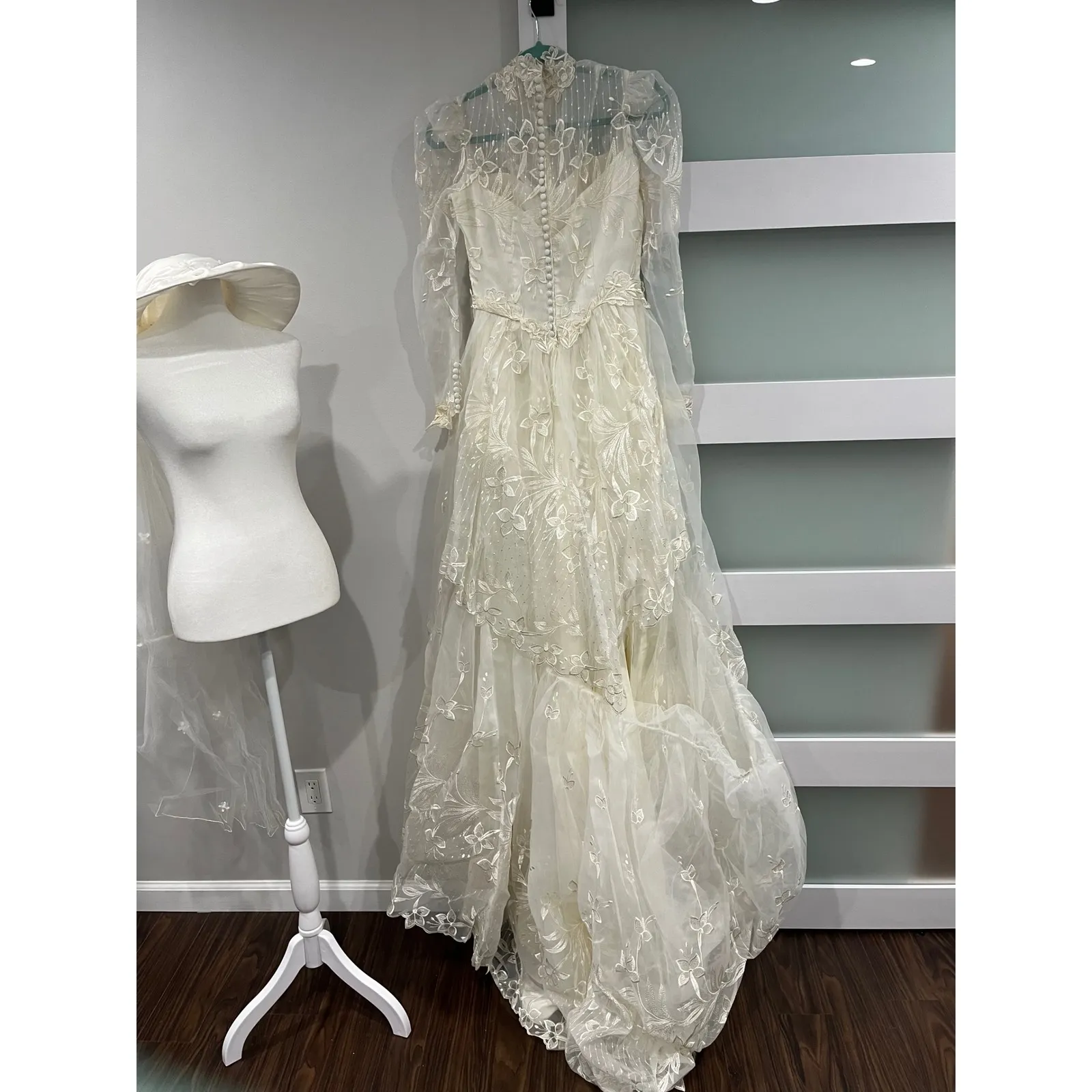 Vintage 80s Victorian Revival Wedding Dress Ivory High Neck Sheer Lace Illusion - Image 9