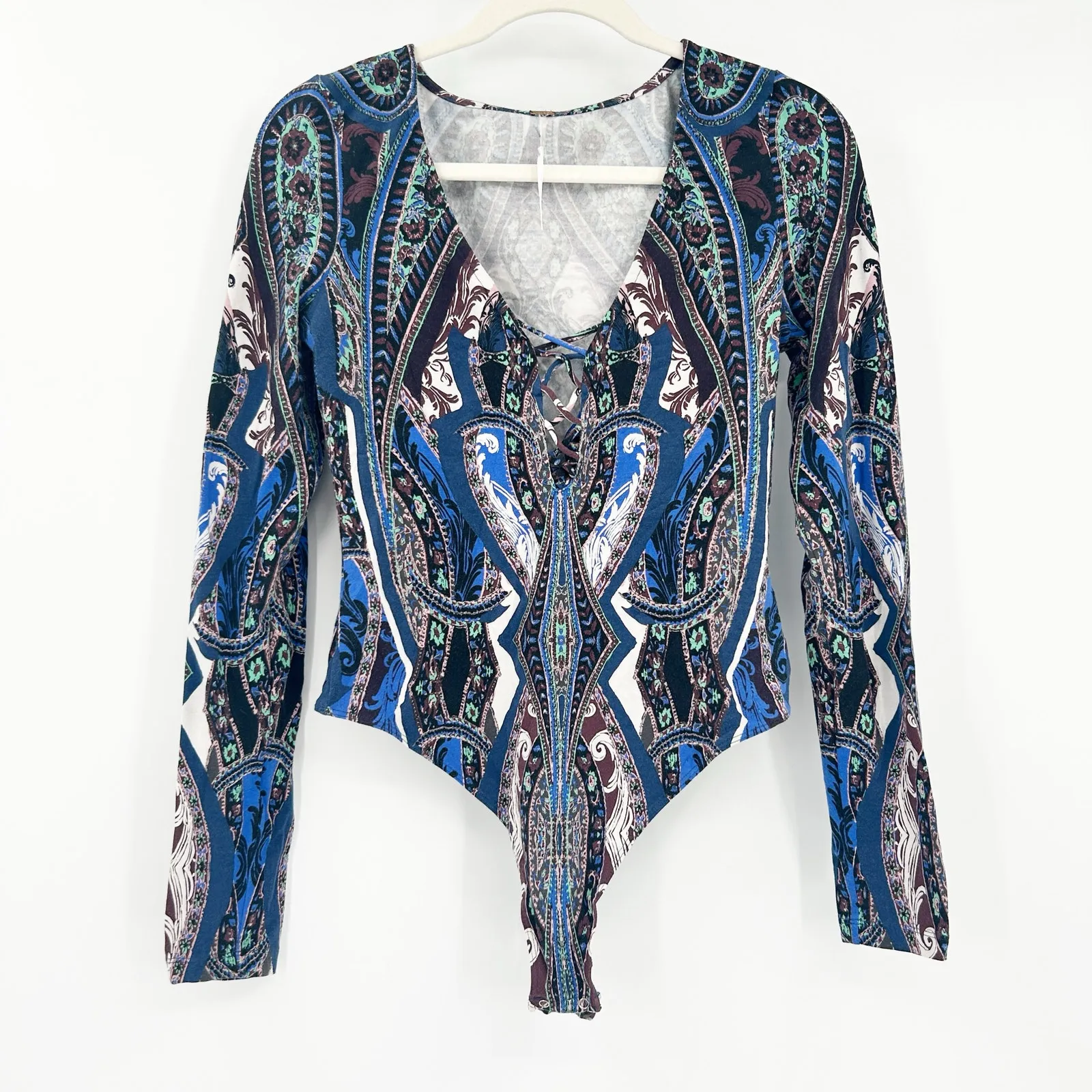 Free People‎ FP Pick A Place Plunge Cross Lace Up Paisley Long Sleeve Bodysuit S - Image 3