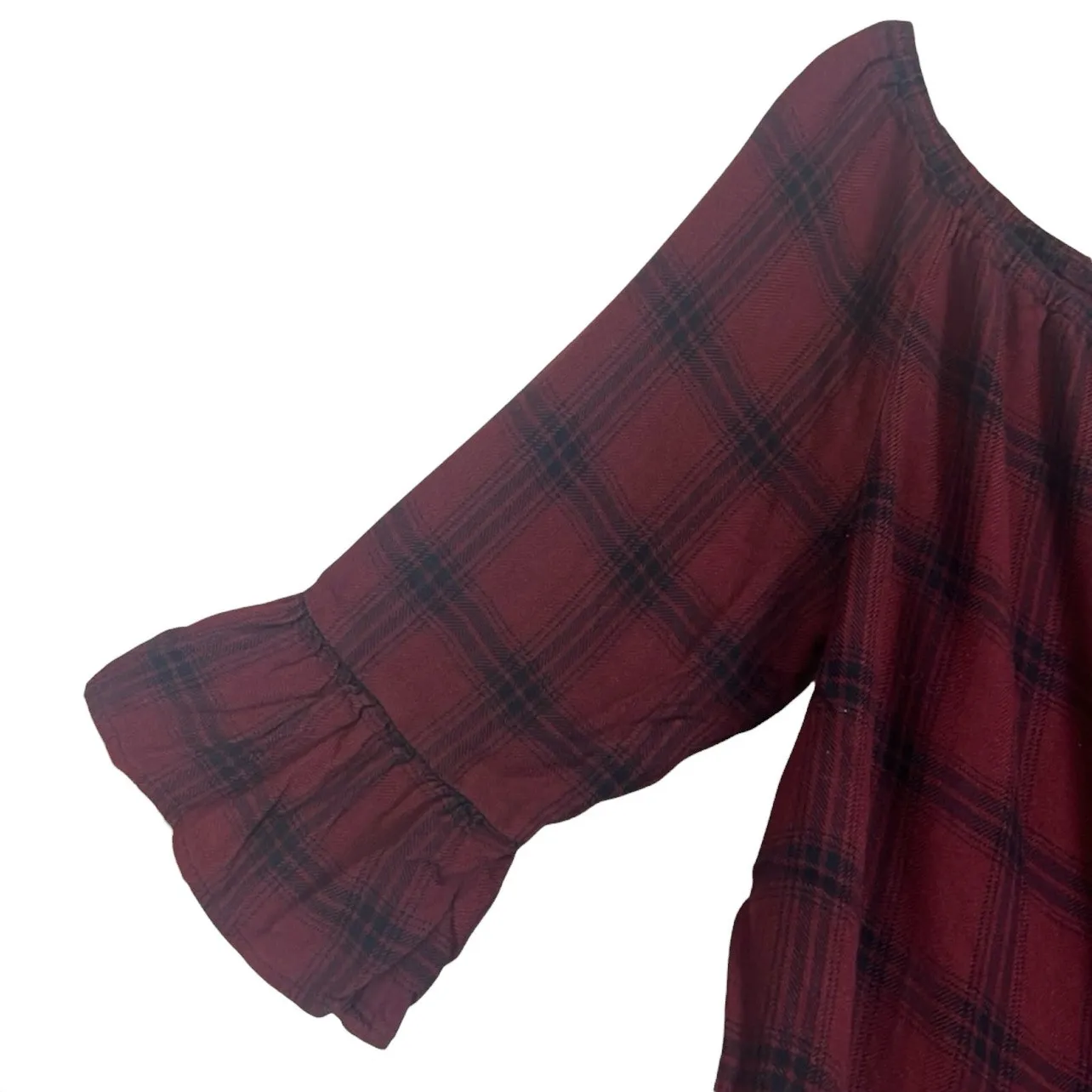 BB Dakota Laurian Off-Shoulder Top in Bordeaux Red Womens M Plaid Country Hippie - Image 4