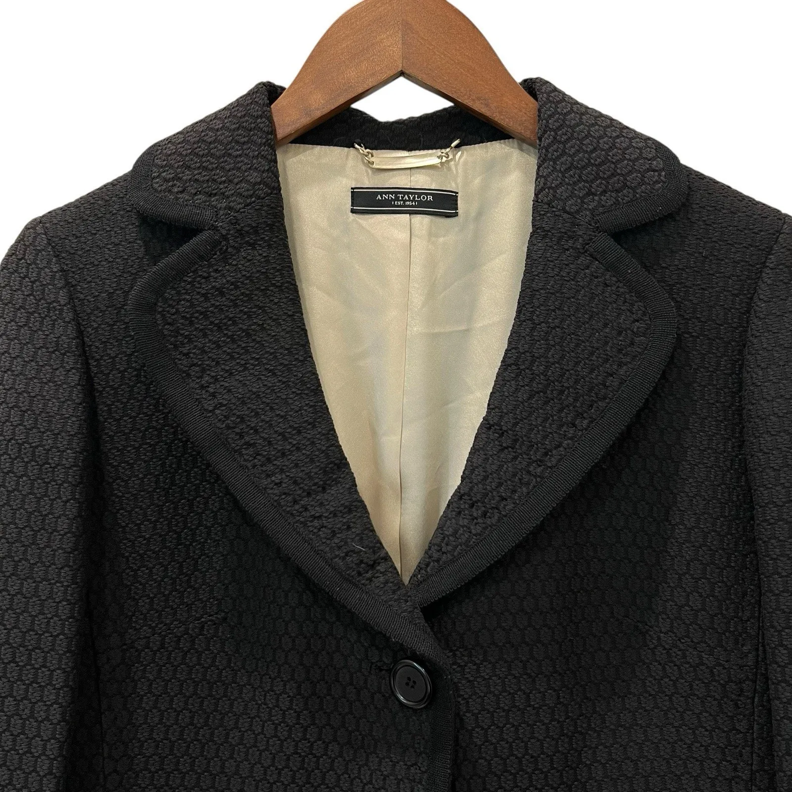 Ann Taylor Womens Suit Jacket Blazer Black Patterned Fabric Size Medium - Image 3