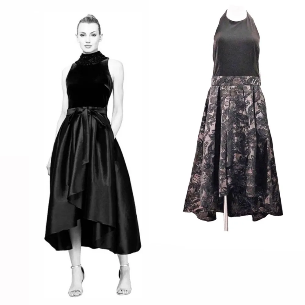 SLNY Dress Black Gunmetal Fit & Flare Open Back Tie Neck Maxi Size 14 New w/Tag - Image 12