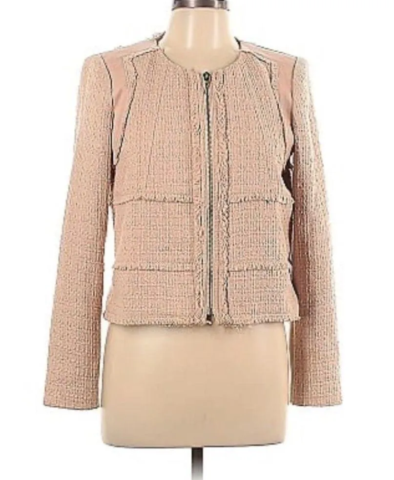 Rebecca Taylor Tan Tweed Blazer w/ Leather Detail - Image 3