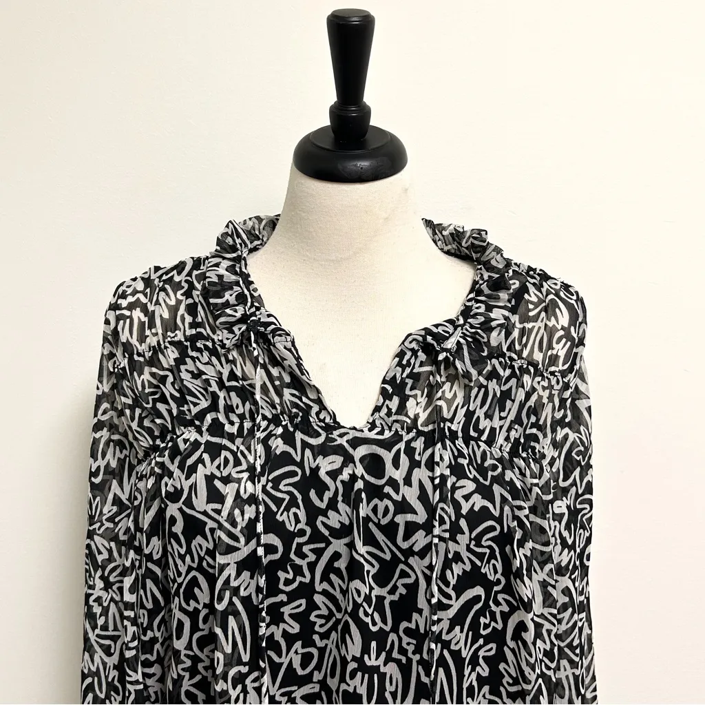 Aware Vero Moda Black White Sheer Camisole Long  Trumpet Sleeve Tie Ruffle Large - Image 4