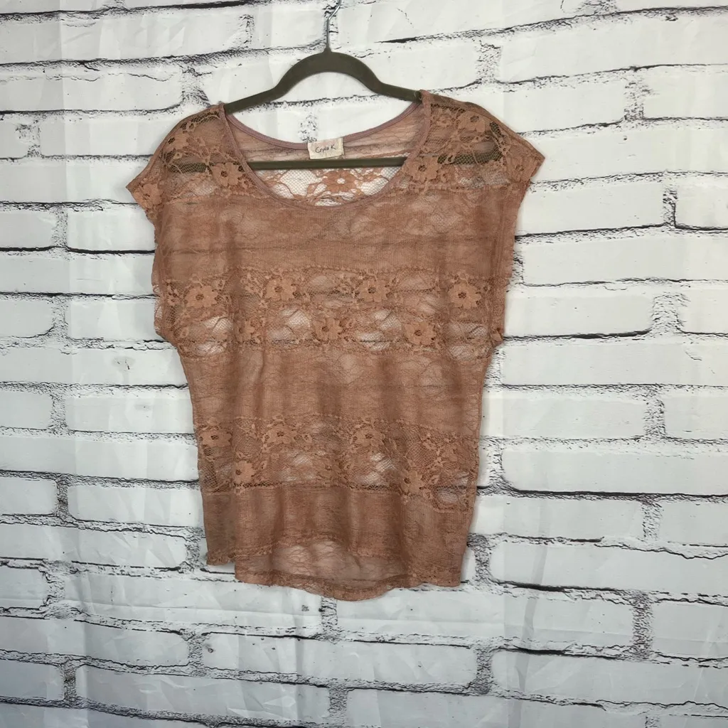 Crystal K Sheer Lace Short Sleeve Blouse Women’s Small Nude Floral Mesh Top Y2K Brown - Image 8