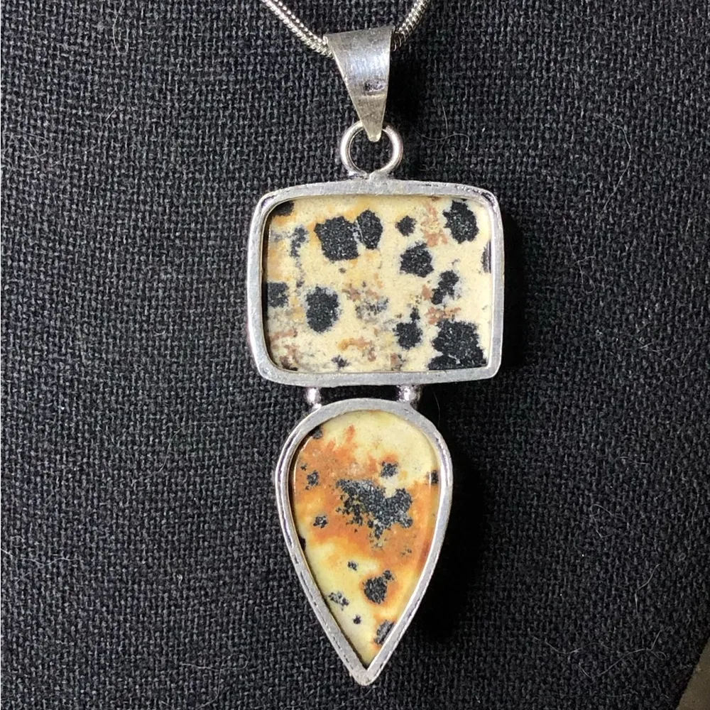 Sterling Silver Spotted Jasper Cabochon Pendant on Snake Chain Necklace 20” Long Black - Image 2