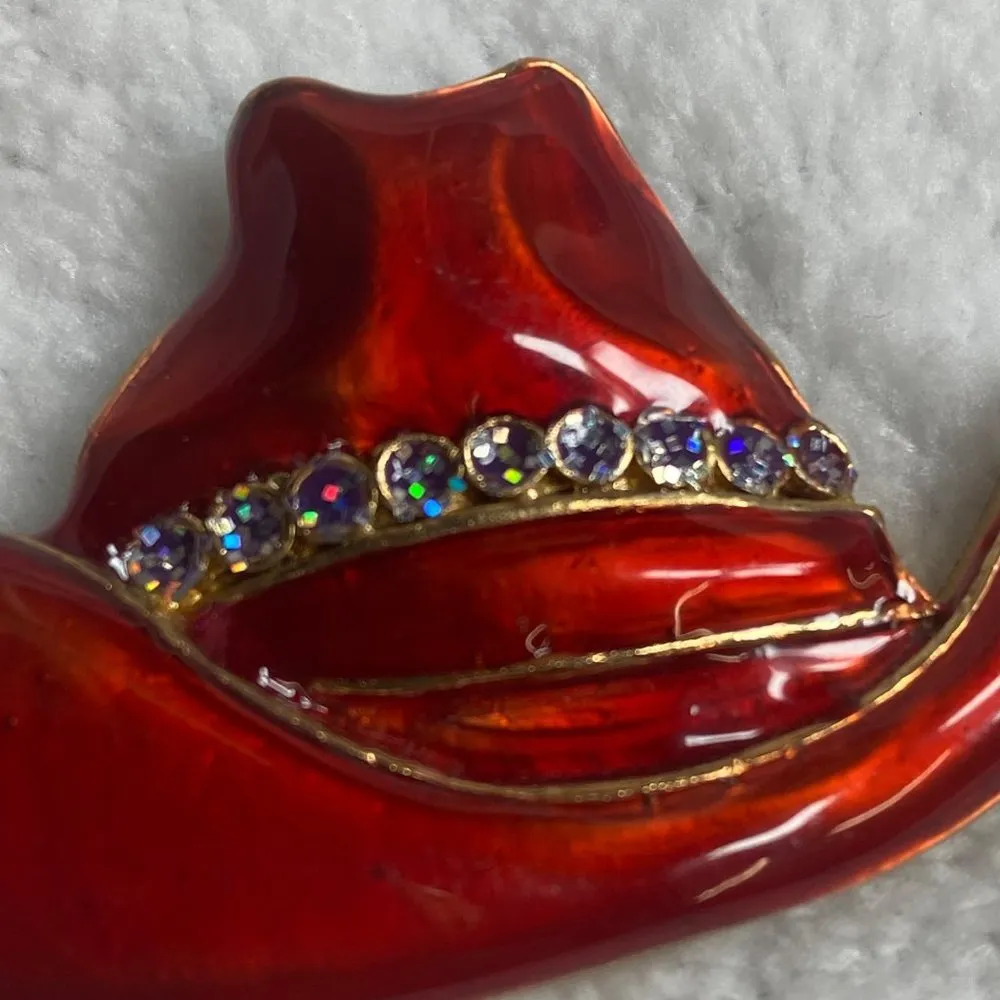 Cowgirl Cowboy Hat Red Enamel Painted Rodeo Rhinestone Pin Brooch Horse Show - Image 4