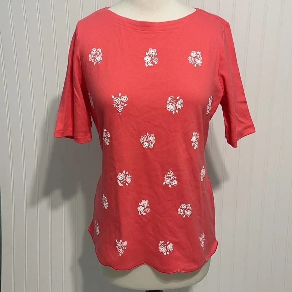 Women's Karen Scott Floral Scalloped Hem Top Coral Small Scoop‎ Neck Tee Pink - Image 11