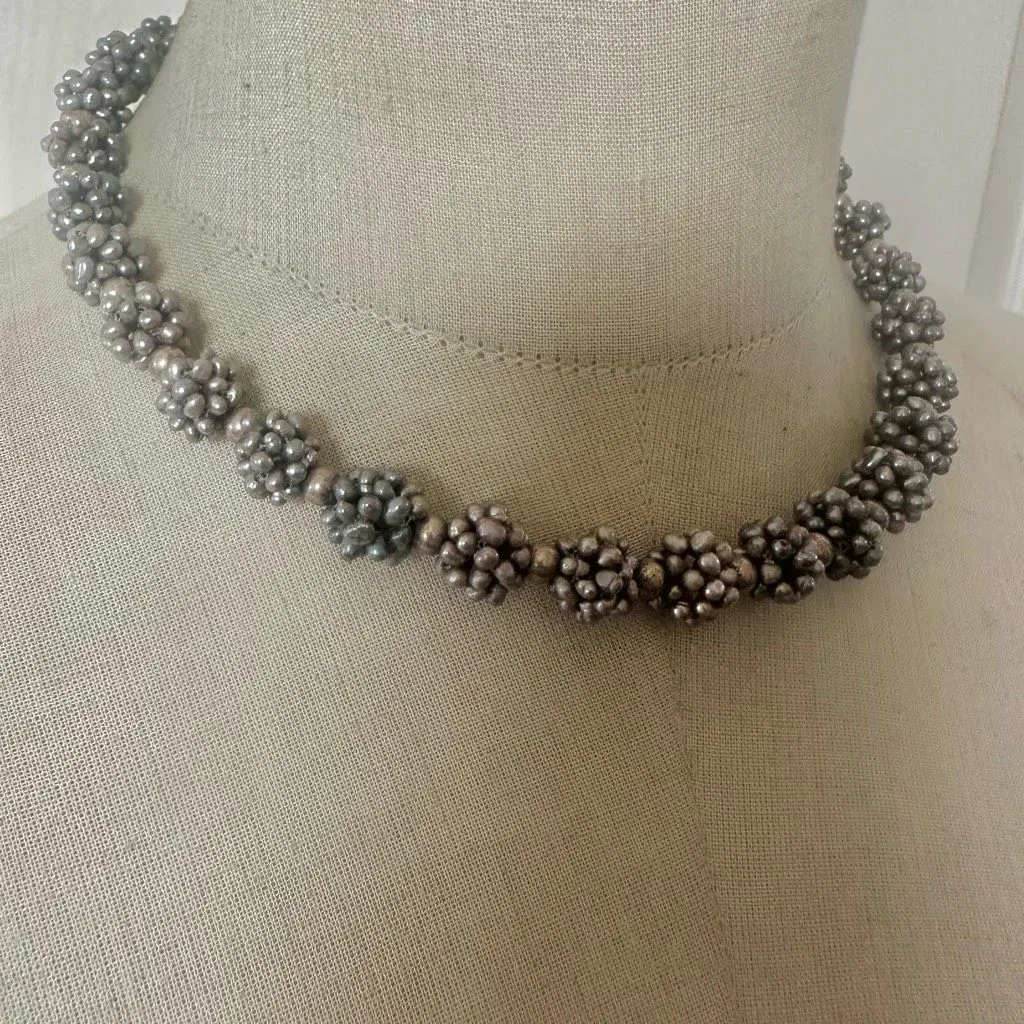Vintage Metallic Gray Freshwater Pearl Cluster Necklace – Sterling Clasp - Image 2