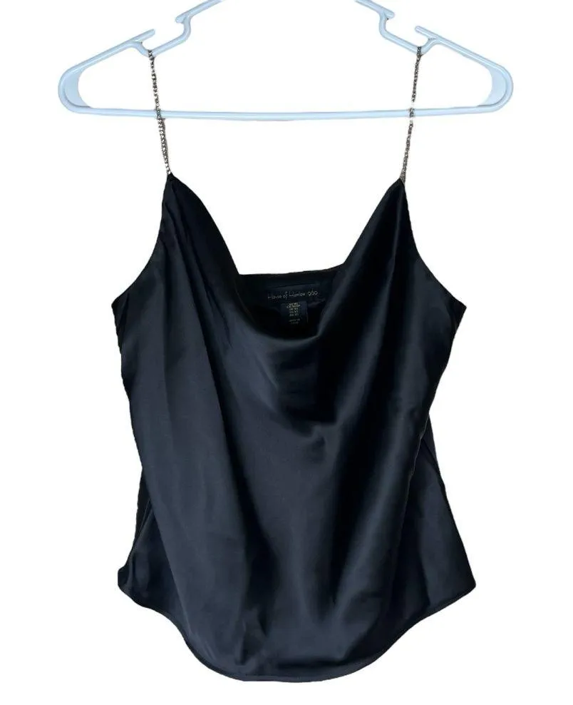 House of Harlow 1960 Black Satin Slinky Cami Top Rhinestone Draped Glam Sz XS - Image 2