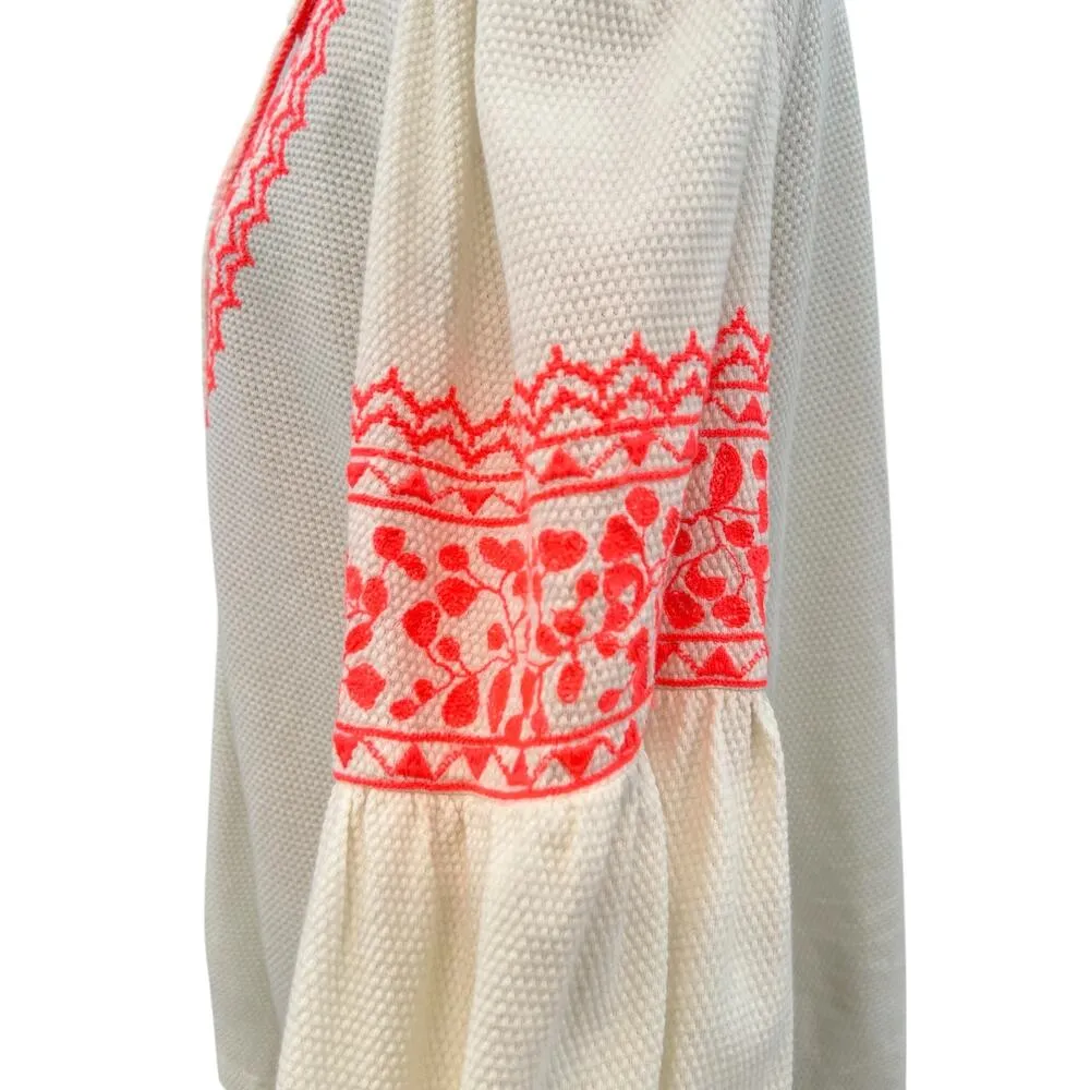 Anthropologie Maeve Louisa Peasant Top Textured Cream Neon Coral‎ Size Medium - Image 8