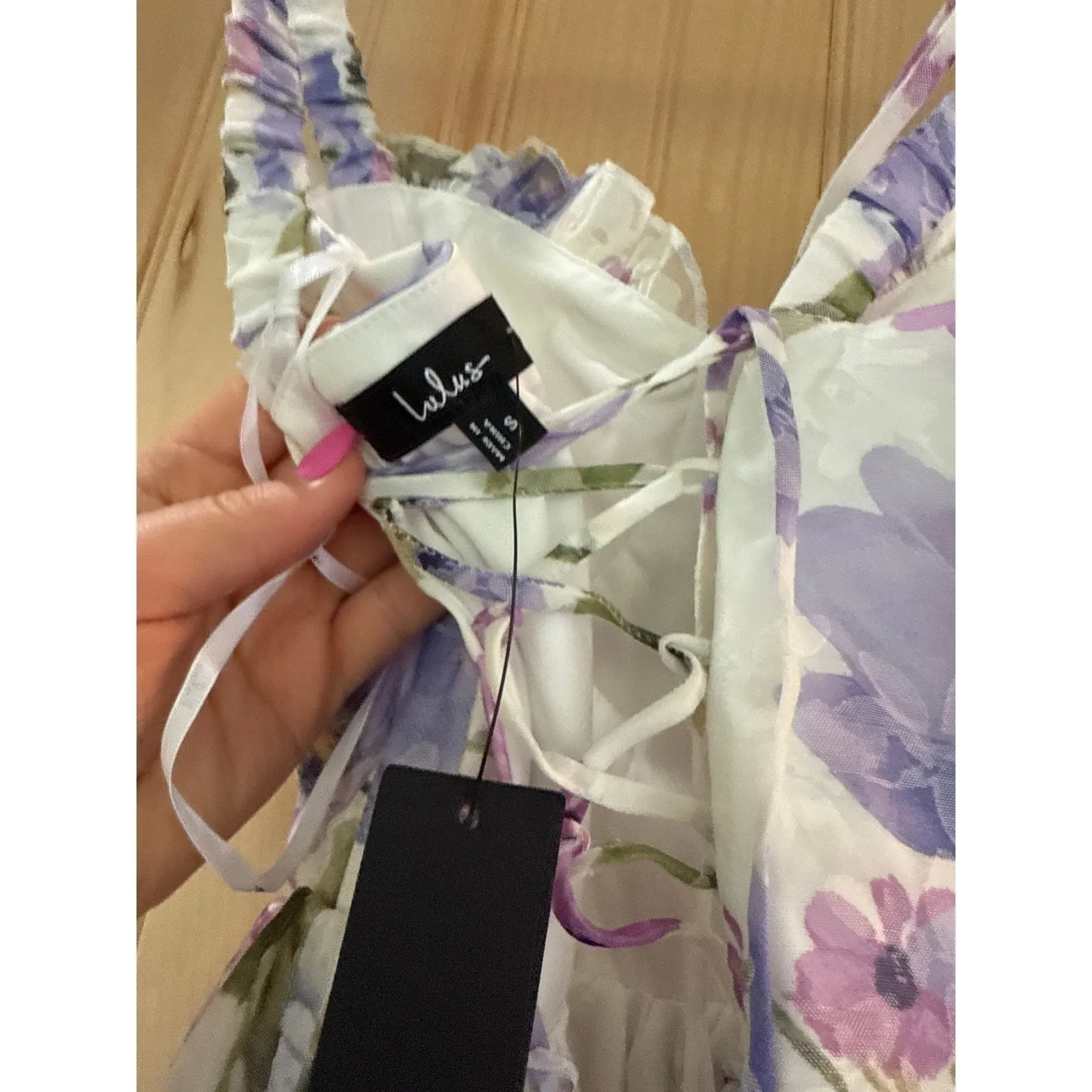 NWT Lulus Hillela Ivory Floral Ruffled Lace-Up Midi Skater Dress Sweetheart Sz S - Image 5