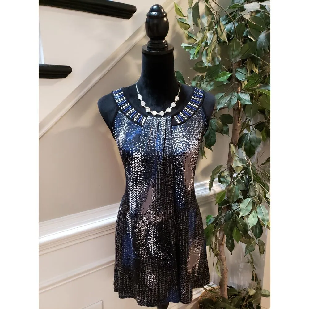 Ashley Stewart Beaded Sleeveless Top 18/20 Blue/Black Animal Print Pleats - Image 2