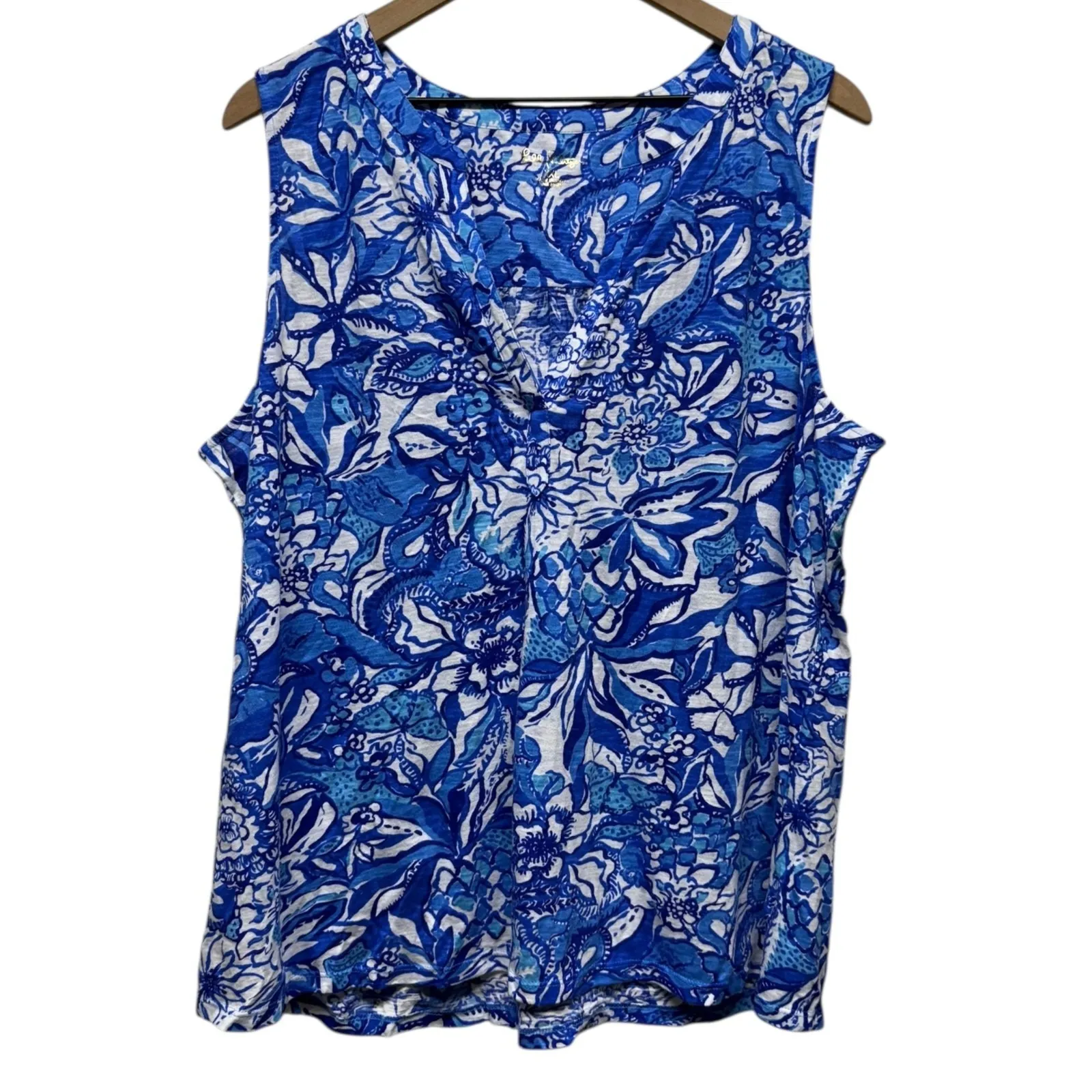 Lilly Pulitzer Dev Tank Top XXL Flocking Fabulous‎ Floral Blue Cotton Resort - Image 3