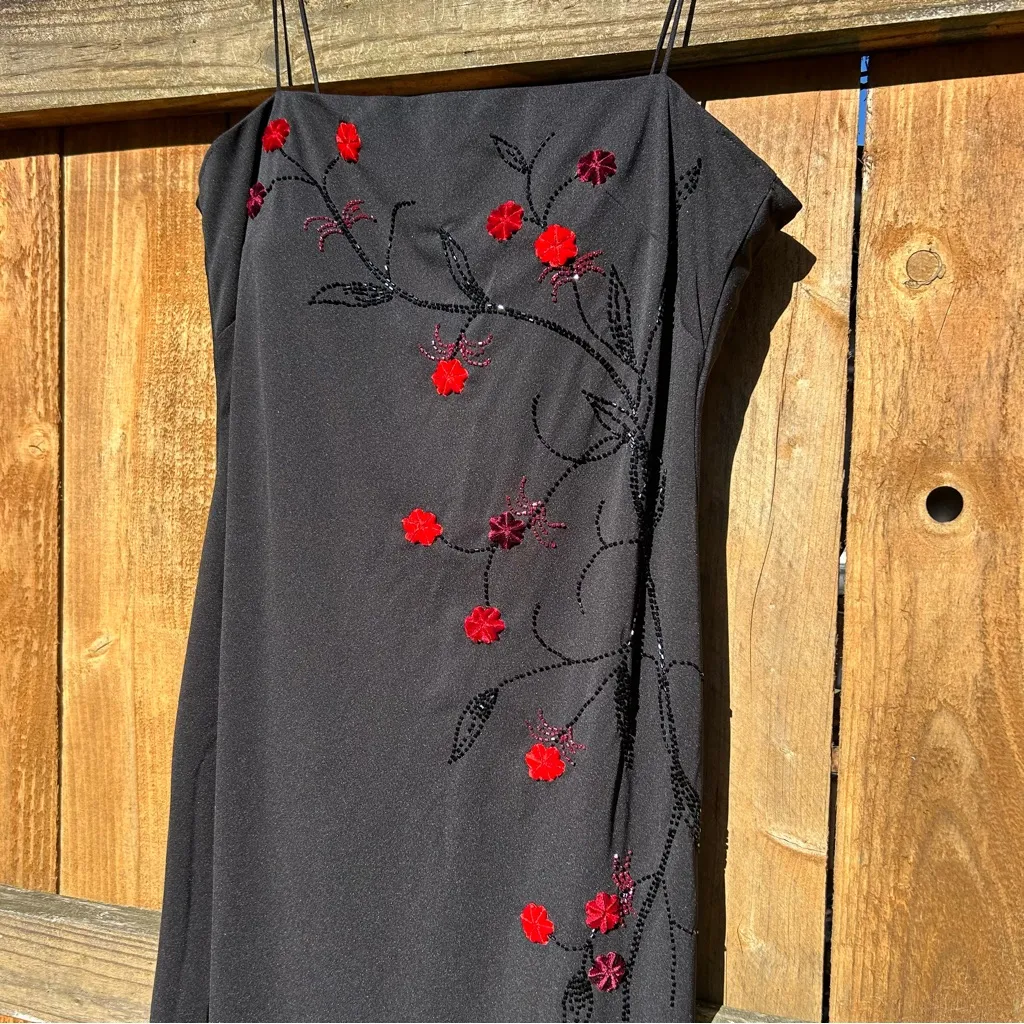 Vintage 90s/Y2K Goth Fairy Embellish 3D Flowers Spaghetti Strap Maxi Dress Sz 14 Black - Image 5