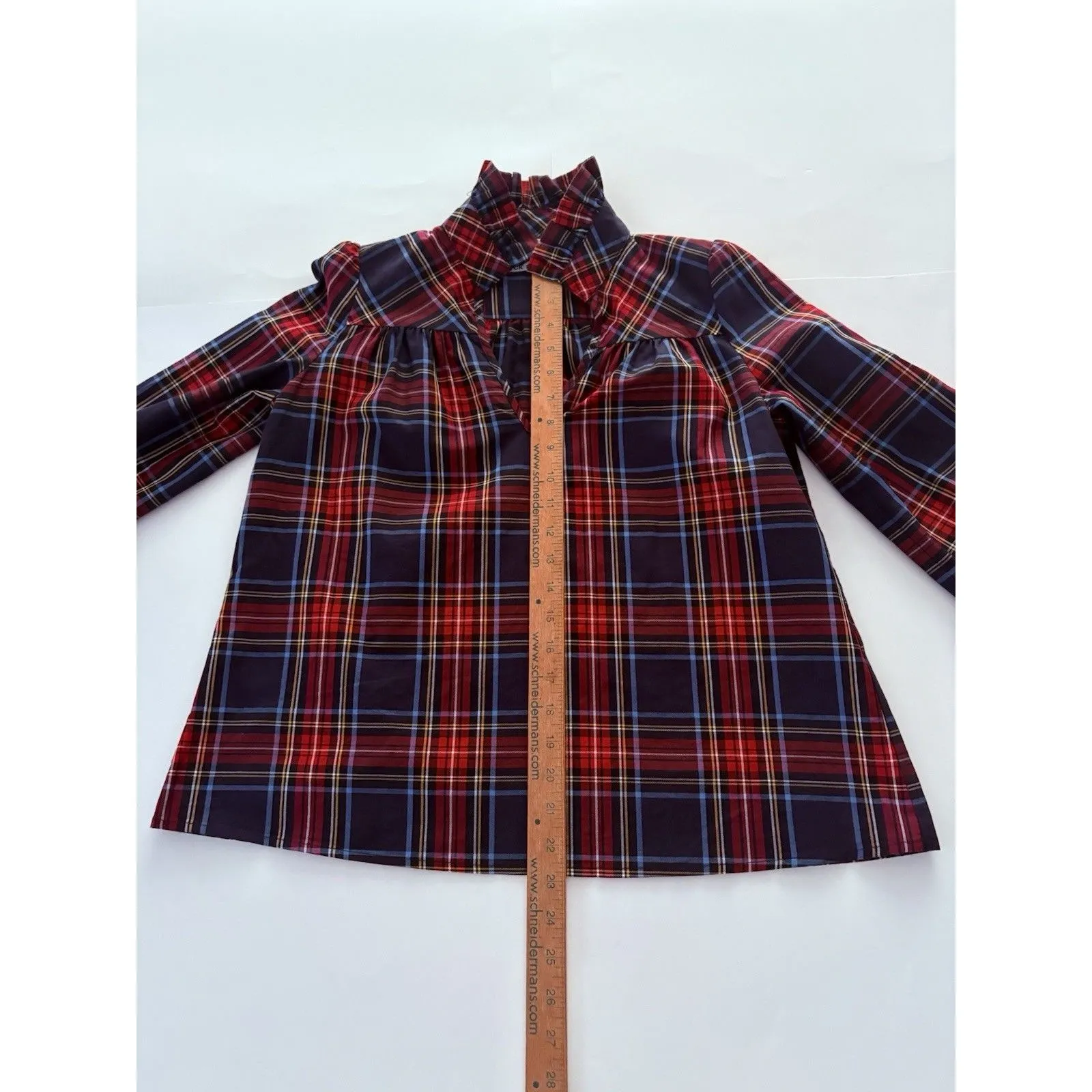 CK Bradley Ruffle Blouse Tartan Plaid Size XS Red Blue Preppy Holiday Oversize - Image 6