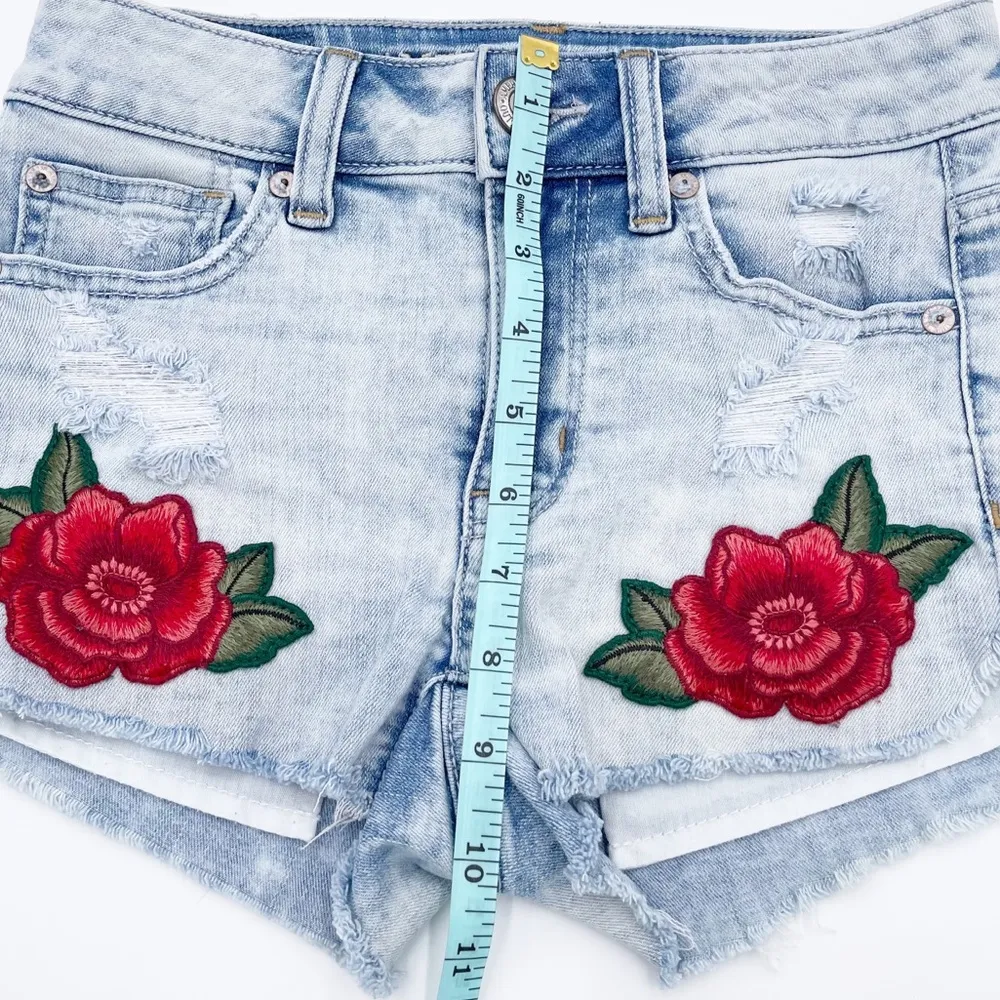 American Eagle Super Stretch Denim Hi-Rise Shortie Floral Rose Embroidered 00 - Image 8