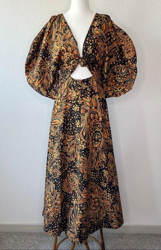 Leila Dress Puff Sleeve Midi Size 2 Black Multi - Image 2