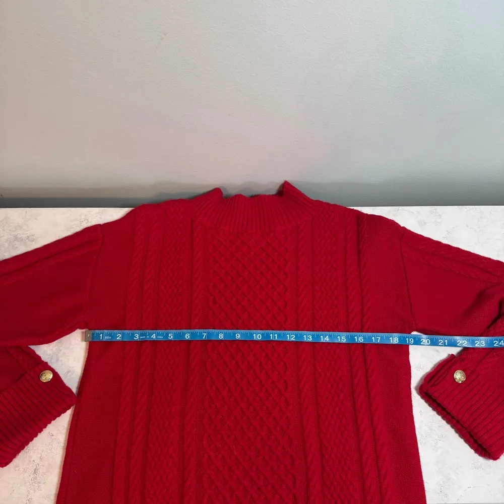 Women's Talbots Red Pop Cable Knit Button Cuff Mockneck Pullover Sweater Size M - Image 8