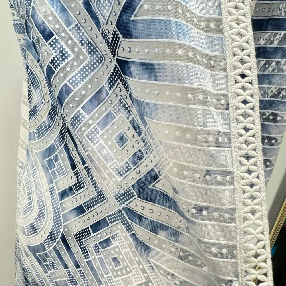 Chico’s Blue & Cream Sheer Crochet Lace Trim Open Front Lightweight Vest Sz 1/M - Image 5