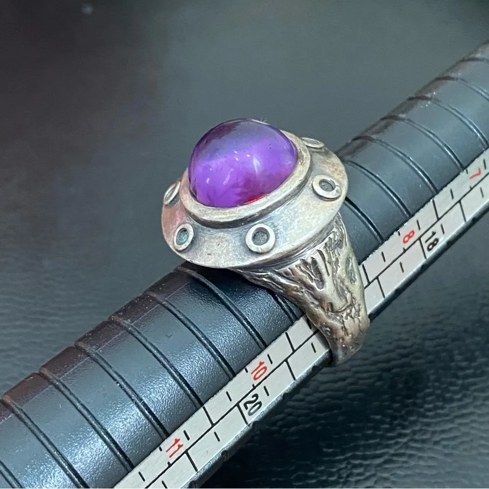 STG SIL Signed Antique Finished  Amethyst Ring Size 9 - Image 14