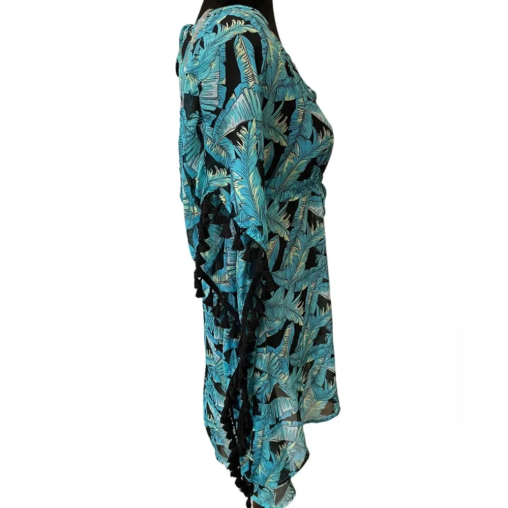 Miken Swim Blue Boho Hippie Tropical Feather Sheer Kaftan Swim Dress Coverup - Image 2