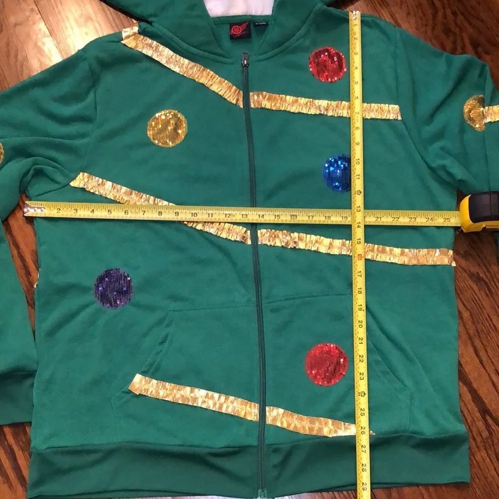 UNISEX Full Zip Sequin Ornaments & Gold Tinsel Christmas Tree w Pocket Sz XL NWT Green - Image 5