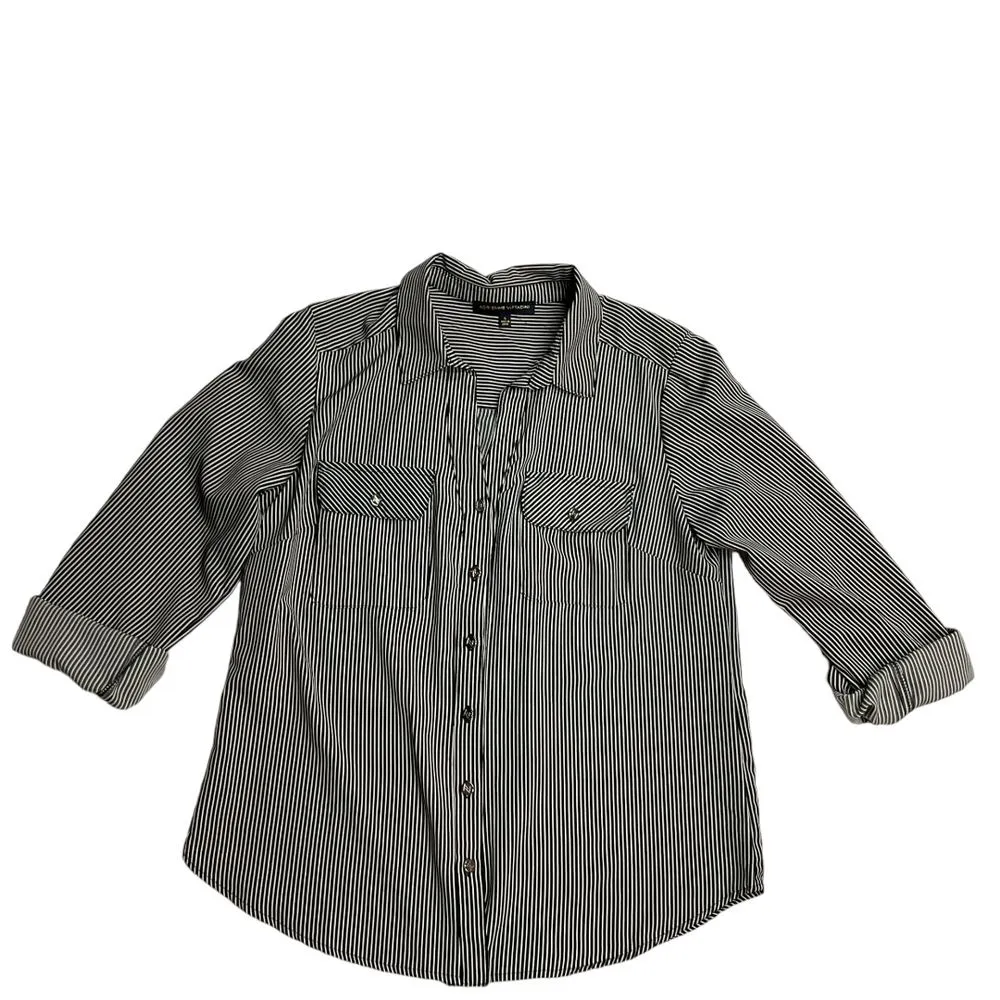 Adrienne Vittadini Button Up Shirt Black White Striped Long Tab Sleeve Size S - Image 7