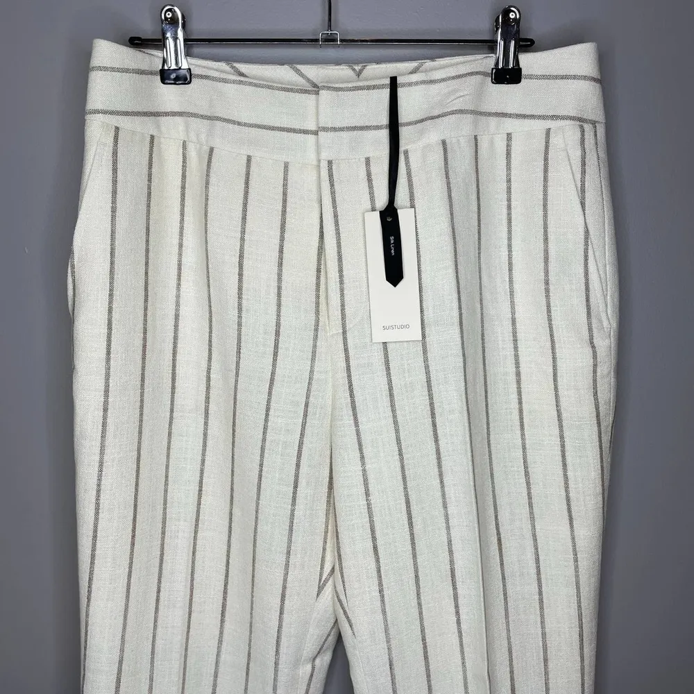 NWT Suistudio Silk Linen Off White Sand Stripe Lane Classic Trouser Pants Size 6 - Image 3