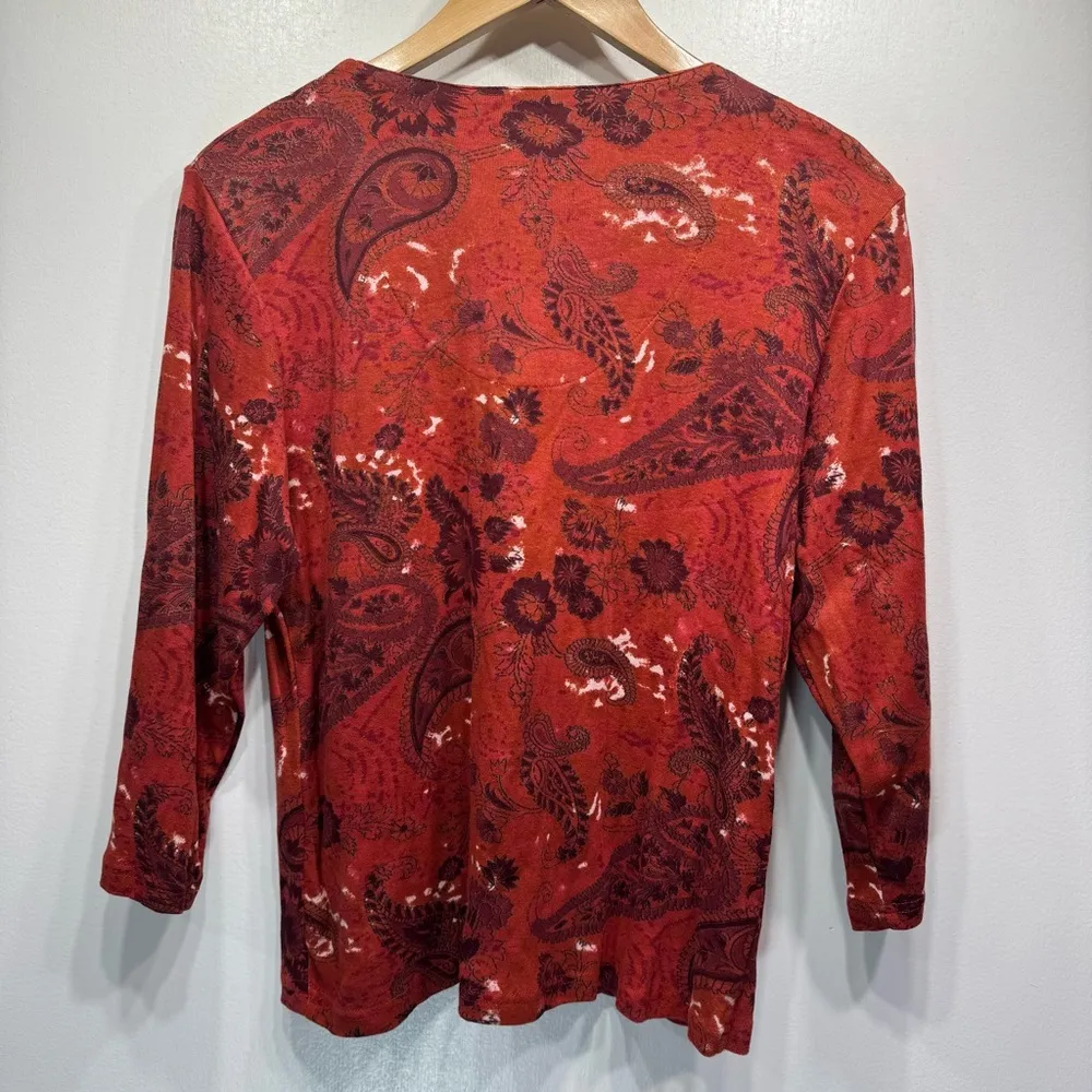 100% Cotton Rust Red Paisley & Floral Beaded 3/4 Sleeve Top M - Image 6