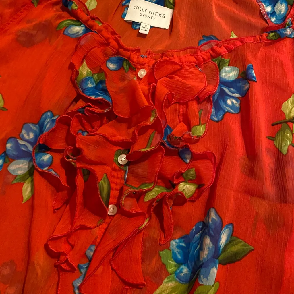 Bold Floral Ruffle Blouse | Gilly Hicks Sydney | Red Blue Floral Top | Sz S - Image 4