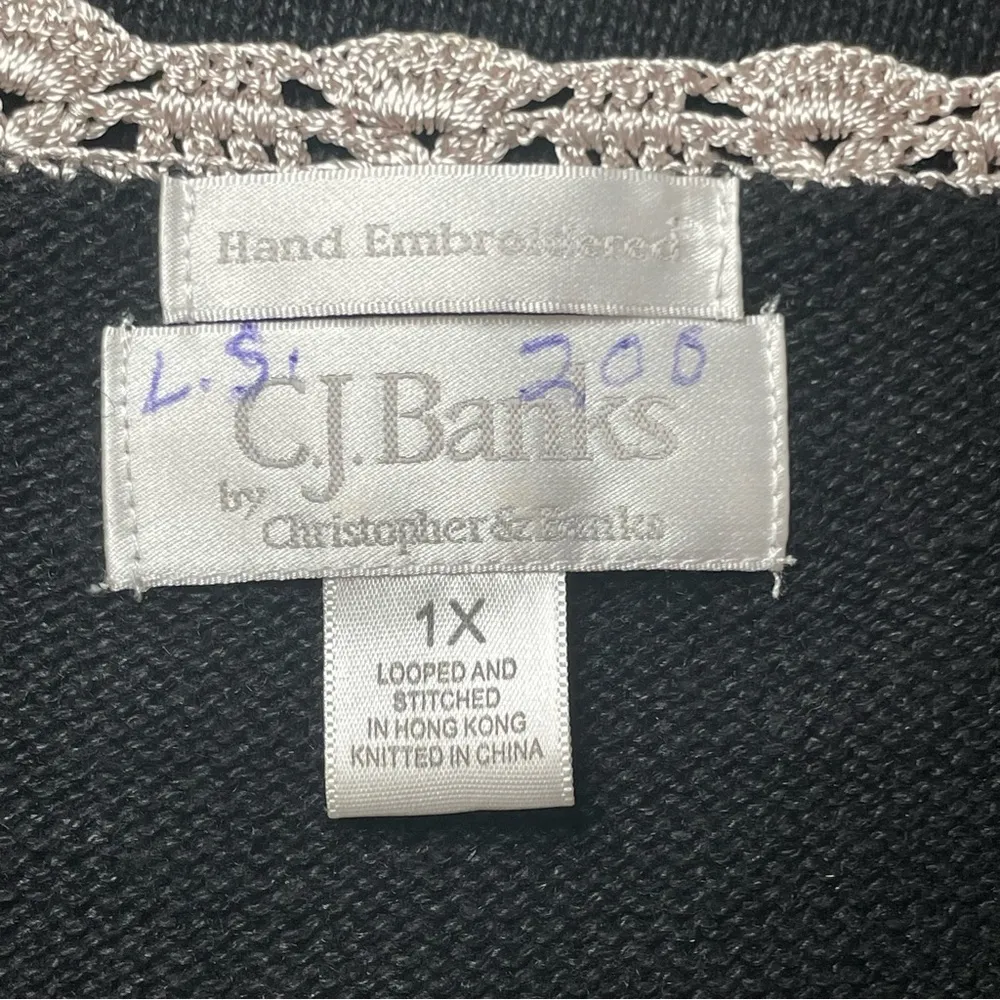 CJ Banks Hand Embroidered Plus Palm Tree Short Sleeve Sweater 1X Coastal Beach Black - Image 6