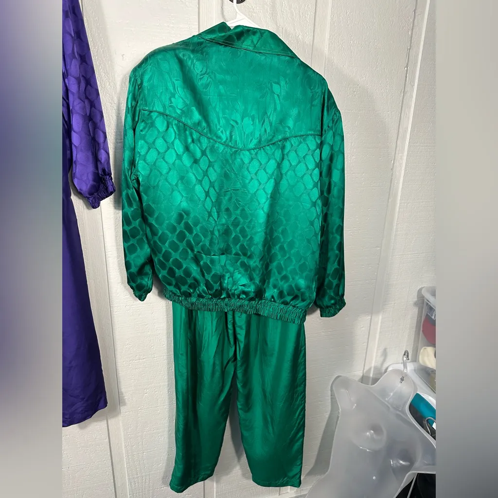 Fuda Vintage 1990s 100% Silk Green Track Suit Size Medium EUC - Image 3