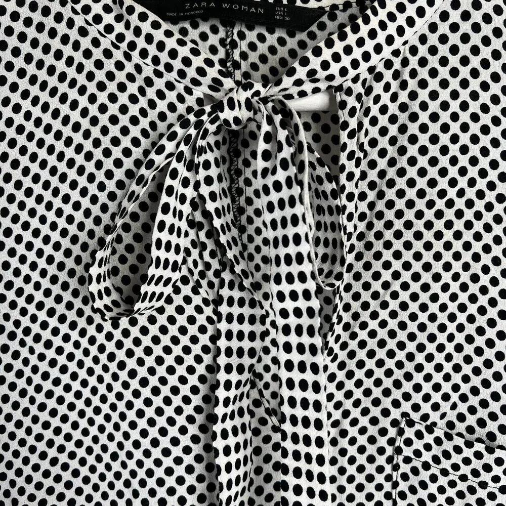 Zara Woman Size L Blouse Black Polka Dot Tie Neck Long Sleeve Flowy Long Sleeve - Image 4