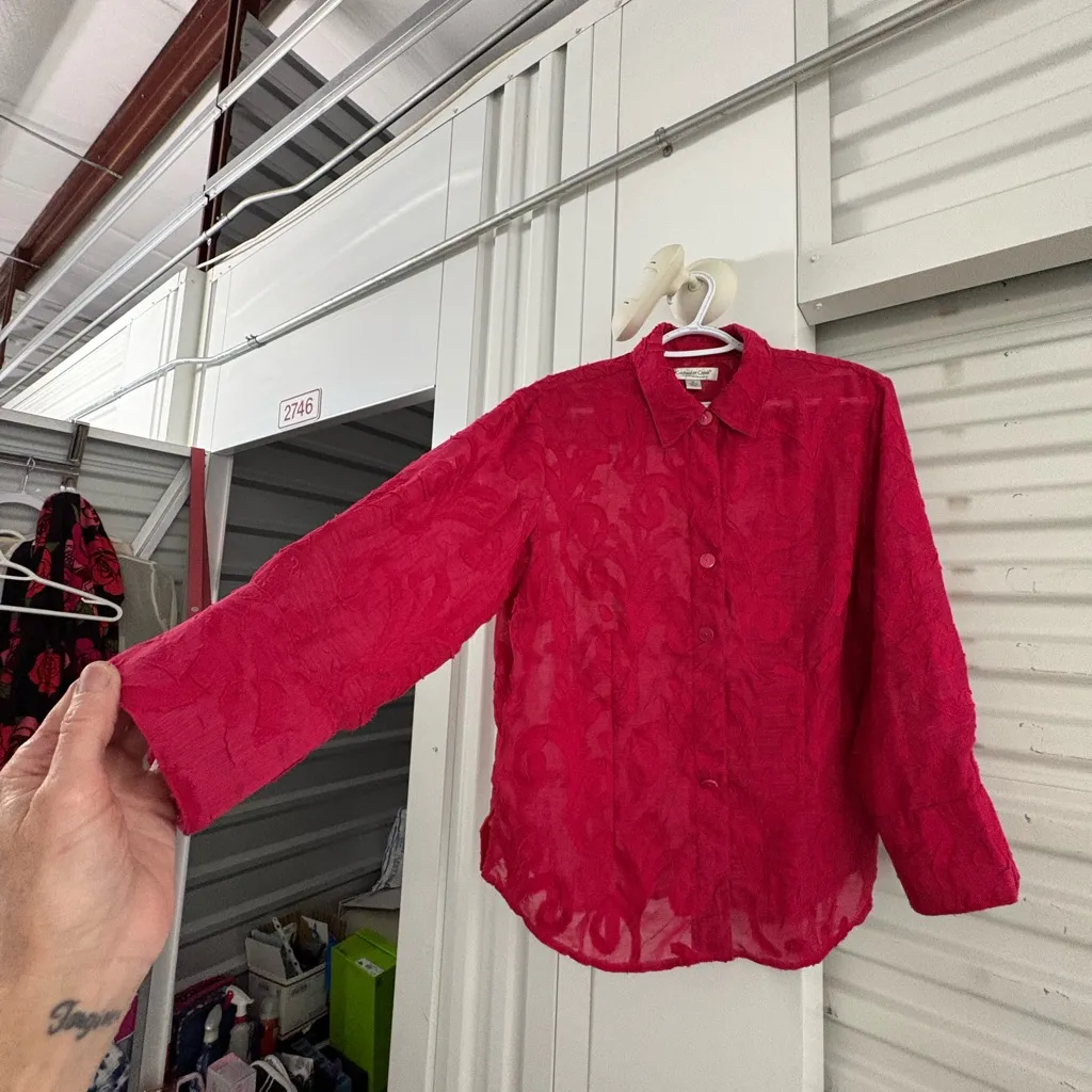 Coldwater Creek Elegant Red Top With Mesh Cut Out Design and Big Cuff Sleeves - Image 9