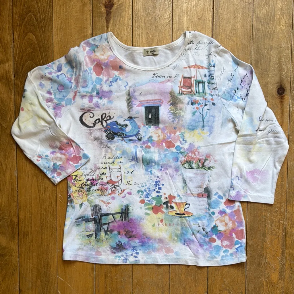 Cactus Allover Print Multicolor Cafe Graphic Long Sleeve Tee Large Blue - Image 2