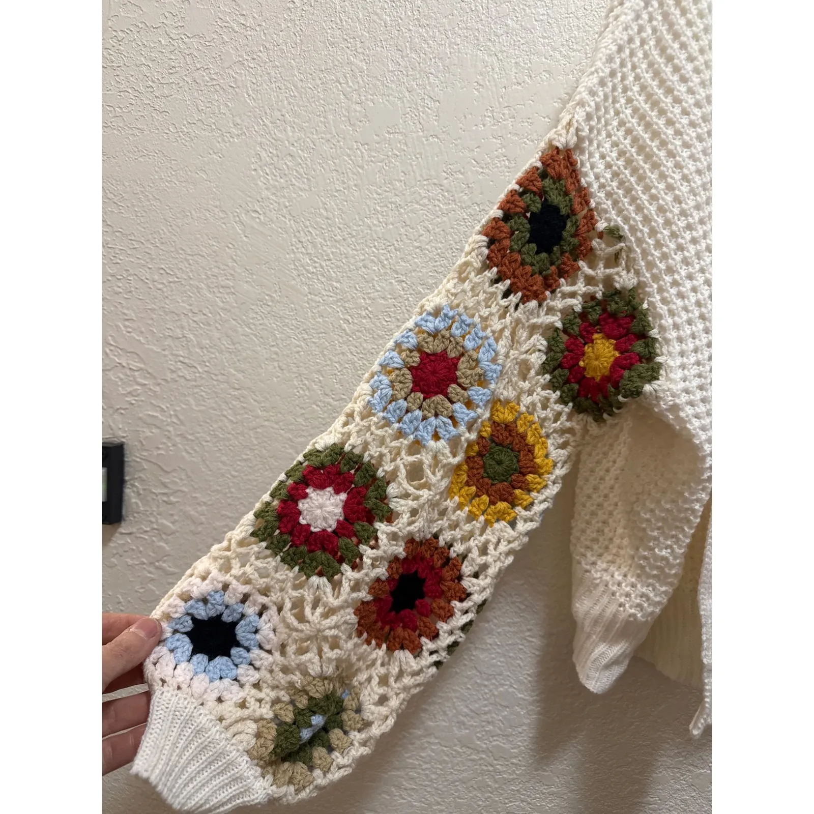 Audrey Parks Francesca Crochet Patchwork Knit Cardigan Cream Floral Boho Size S Brown - Image 4