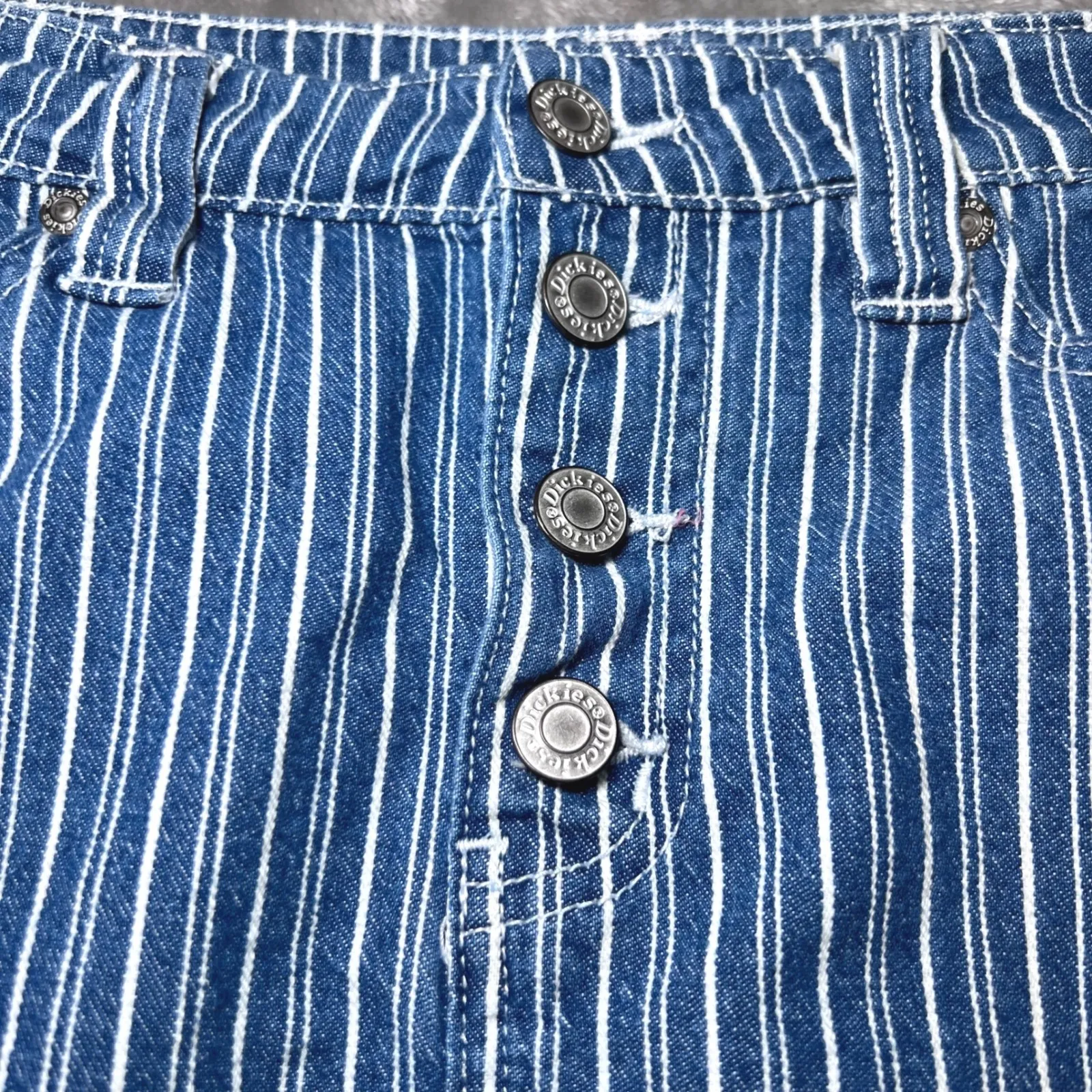 Dickies Girls Button Fly Mini Skirt Womens 1/25 Blue White Striped Denim Y2K - Image 7