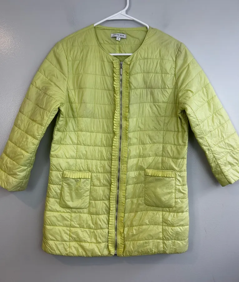 Patty Kim Quilted Lightweight Zip Up Ruffle Jacket Yellow/Green Size 8 Yellow - Image 1