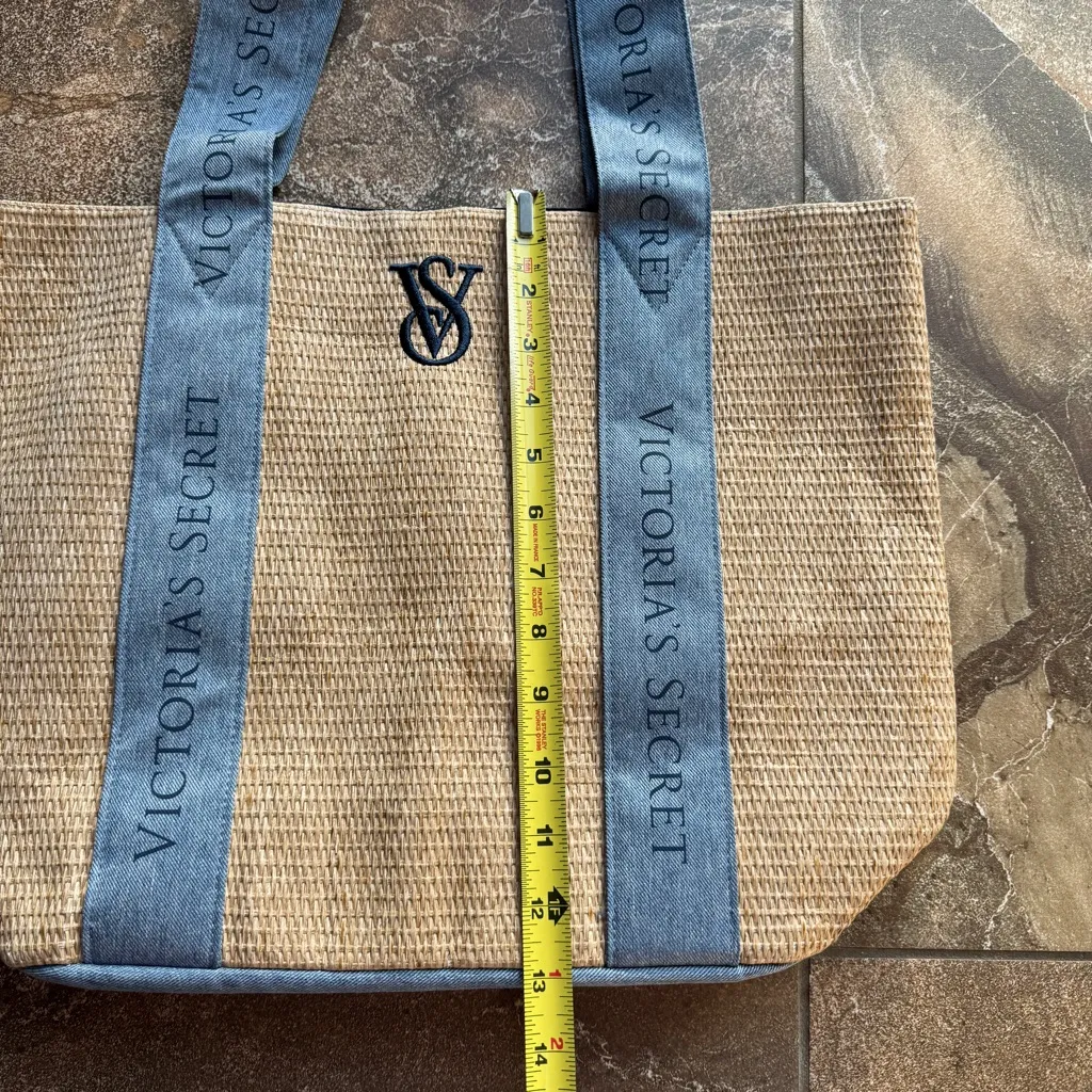 Victoria's Secret Straw Beach Tote Bag Large Weekender Travel Logo Blue‎ Beige - Image 6