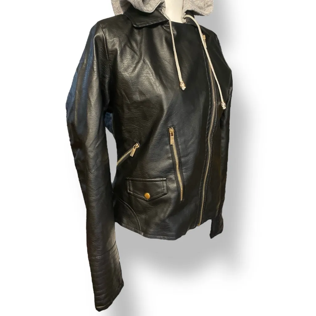 Stylish Black Faux Leather Moto Jacket with Gray Hood Faux Fur Lined Size Small - Image 4