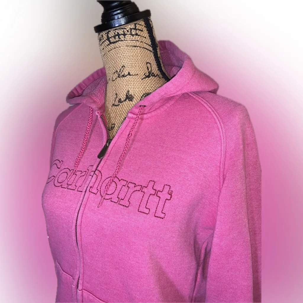Vintage Carhartt Women's Fuchsia Pink Embroidered Zip-Up Chore Hoodie Jacket S - Image 4
