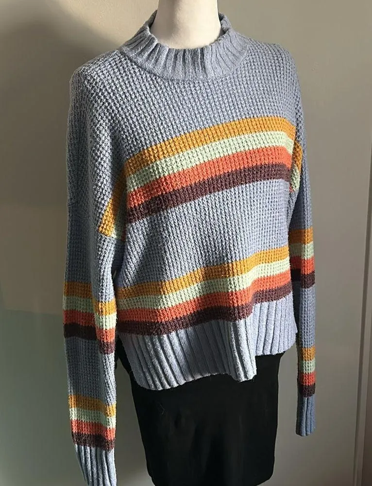 SO Women’s Oversized Fuzzy Waffle Knit Mock Neck Cozy Striped Sweater - Image 8