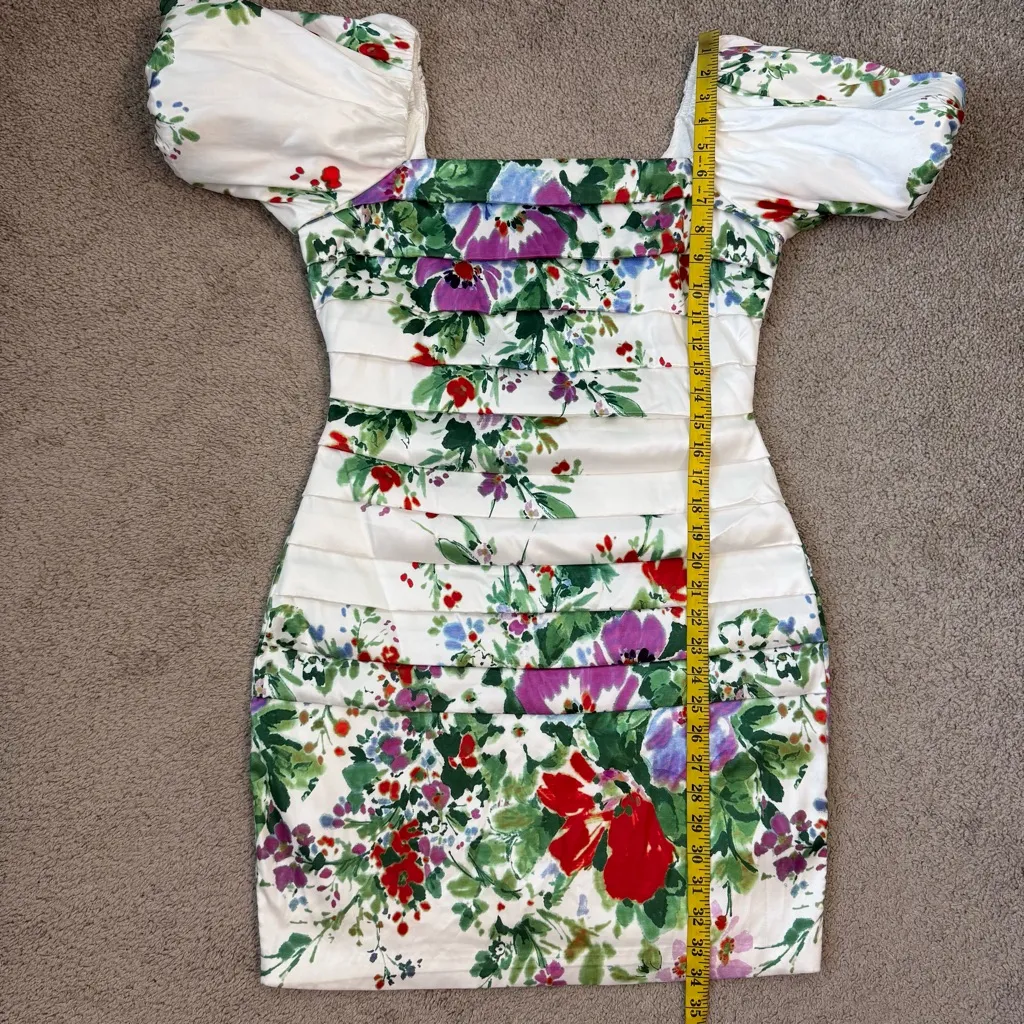 Badgley Mischka Pleated Bodice Puff Sleeve Mini Dress Floral 12 - Image 8