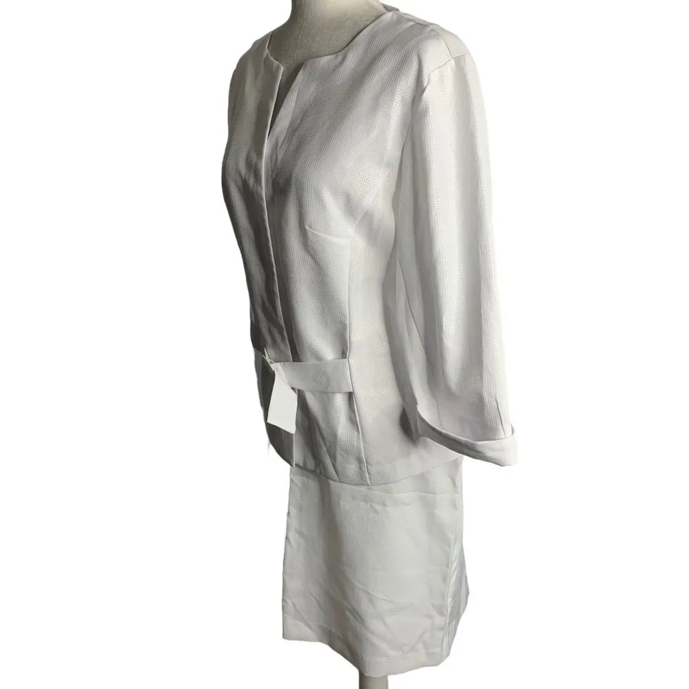 T Milano 2 pc Top Pencil Skirt Set 14 White V Neck Cuffed Sleeve Buttons Zip - Image 4