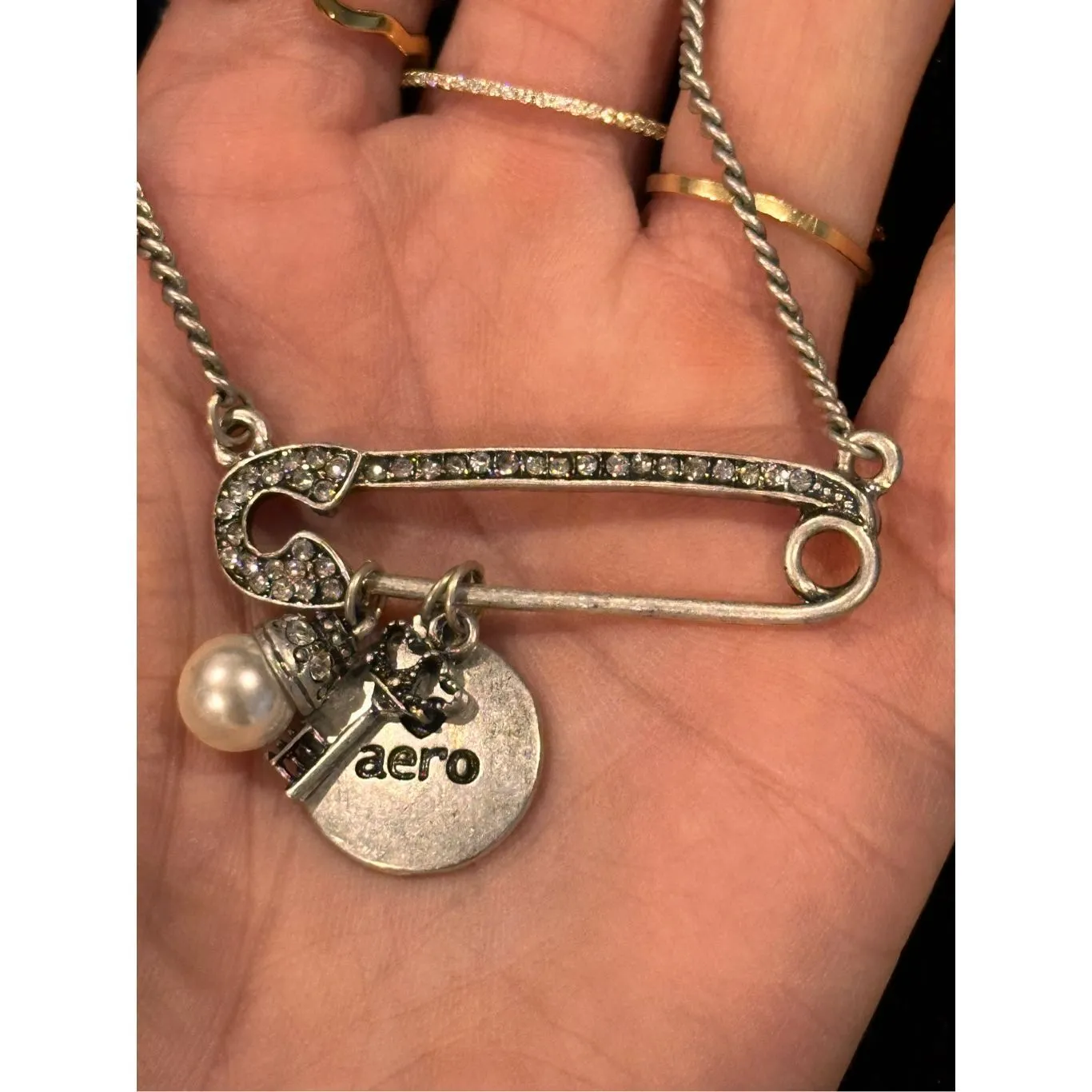 Aeropostale Rhinestone Charm Sideways Safety Pin Necklace NWT - Image 2