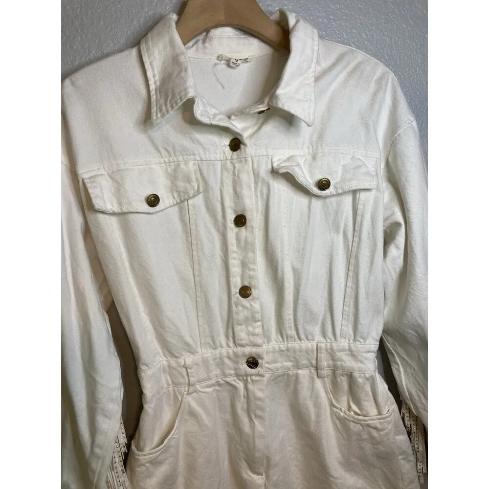 Main Strip Gold Studded Fringe Cowgirl Denim Short Romper Size M Off White Boho - Image 11