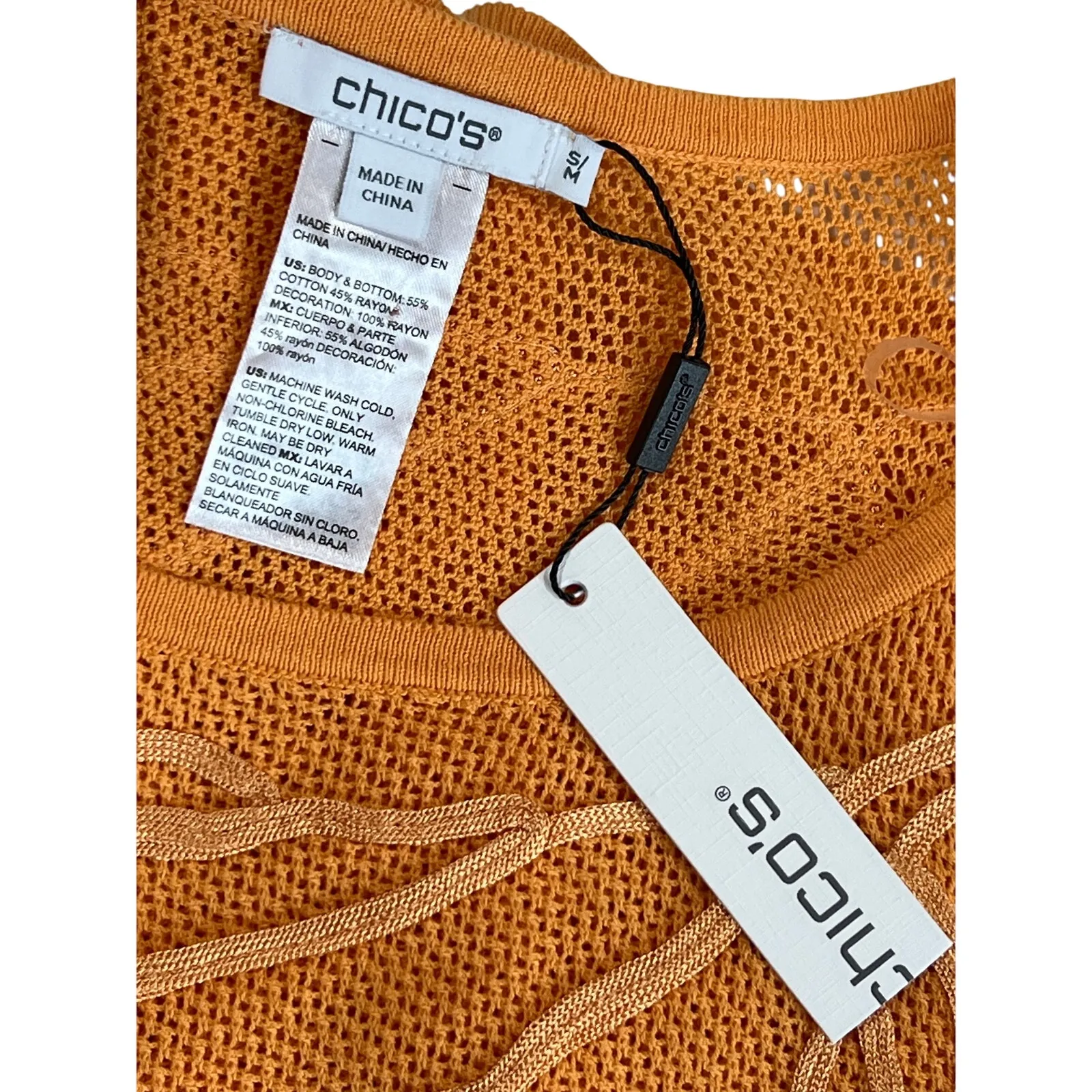 Chicos Embroidered Triangle Poncho Women's Size S/M Mango Sorbet Tropical Knit - Image 6